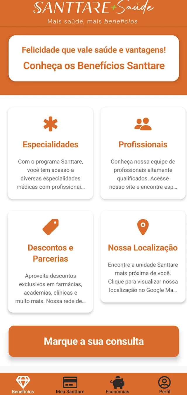 App Santtare — tela de benefícios