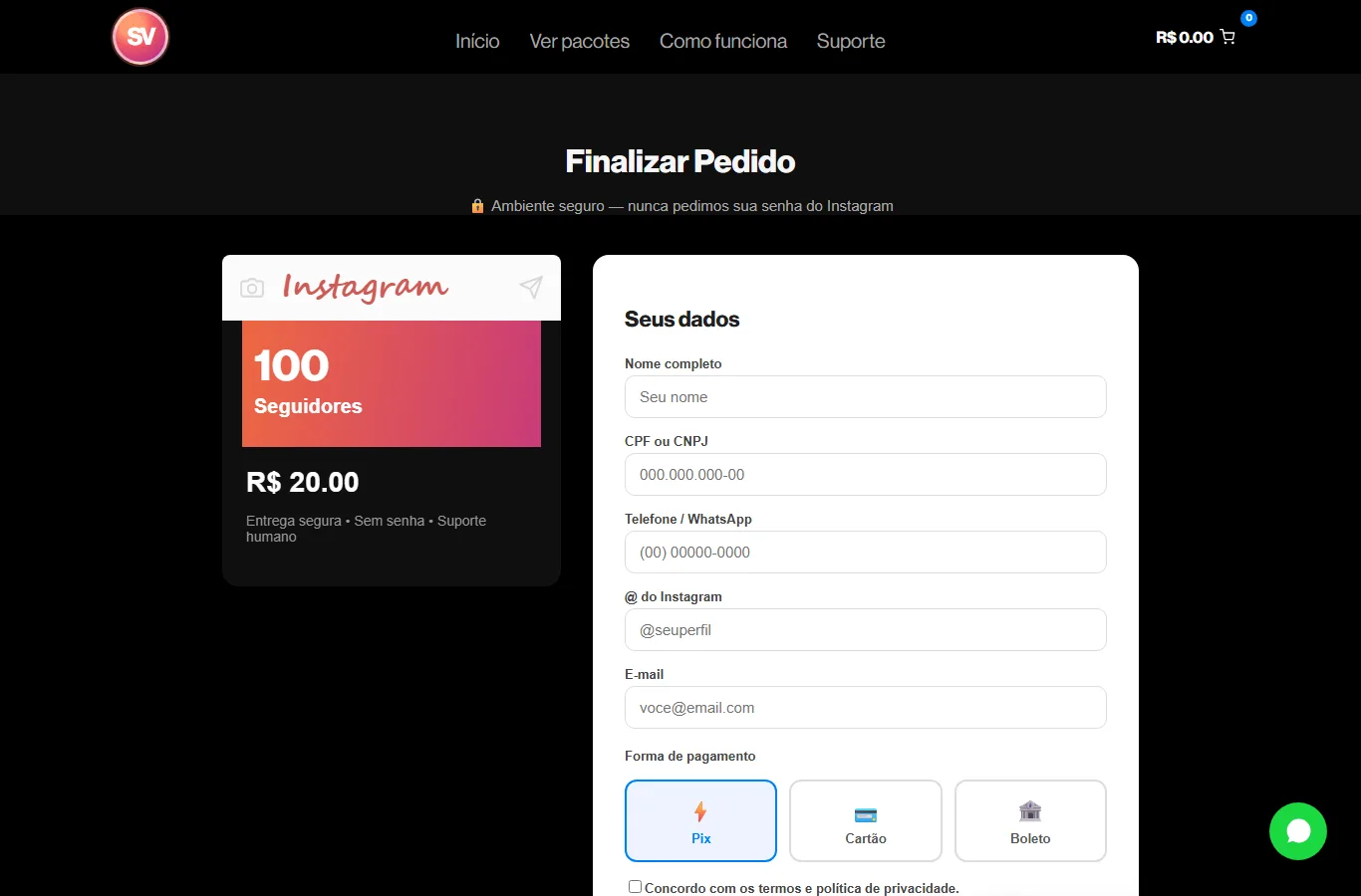 Checkout da Social VP com pagamento por Pix